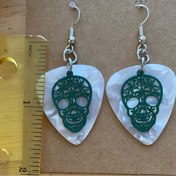 Handcrafted Guitar Pick Green Sugar Skull Earrings - Picture 3 of 3